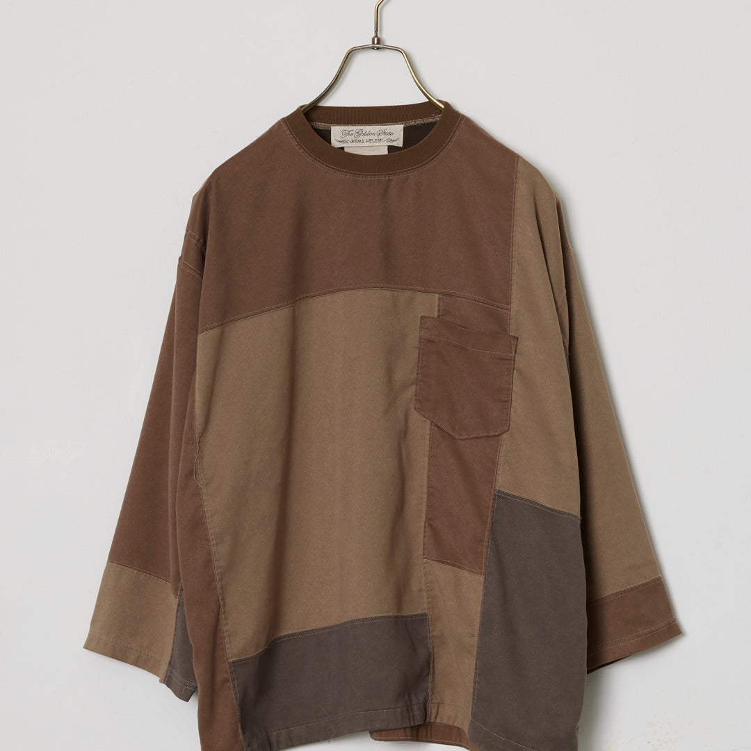 Patchwork Eco-Suede 3/4 Sleeve Crew