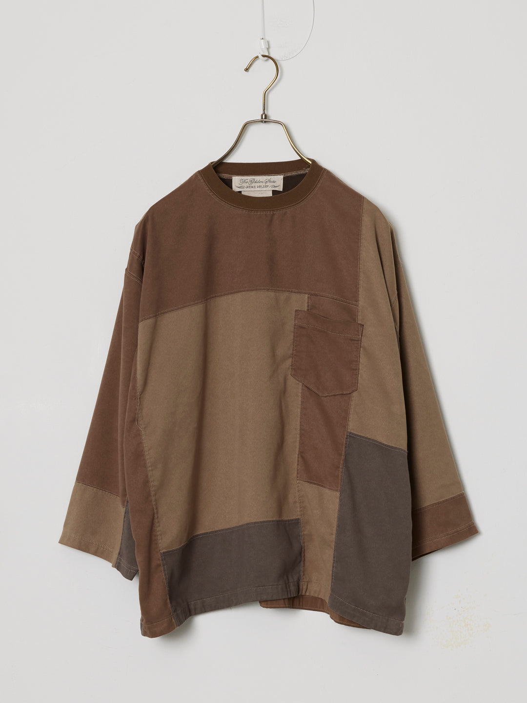 Patchwork Eco-Suede 3/4 Sleeve Crew