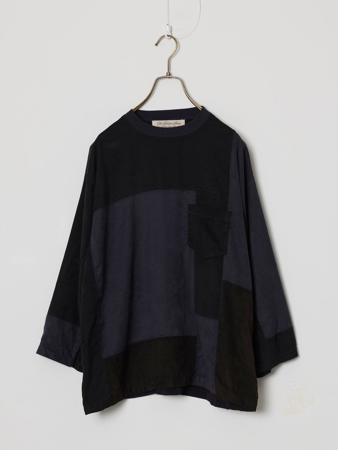Patchwork Eco-Suede 3/4 Sleeve Crew